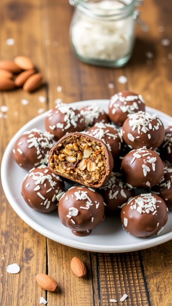 A plate of Almond Joy Energy Balls made with oats, almond butter, chocolate, and coconut.
